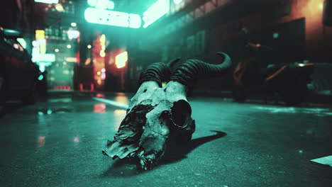 a skull in the middle of a deserted city street at night.