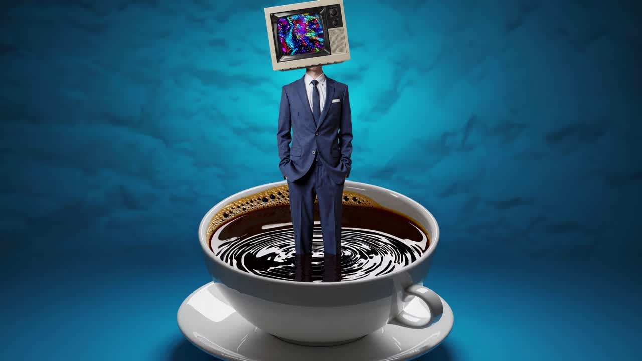 커피 컵에 tv 머리를 가진 사업가