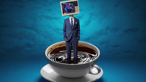 businessman with tv head in a coffee cup