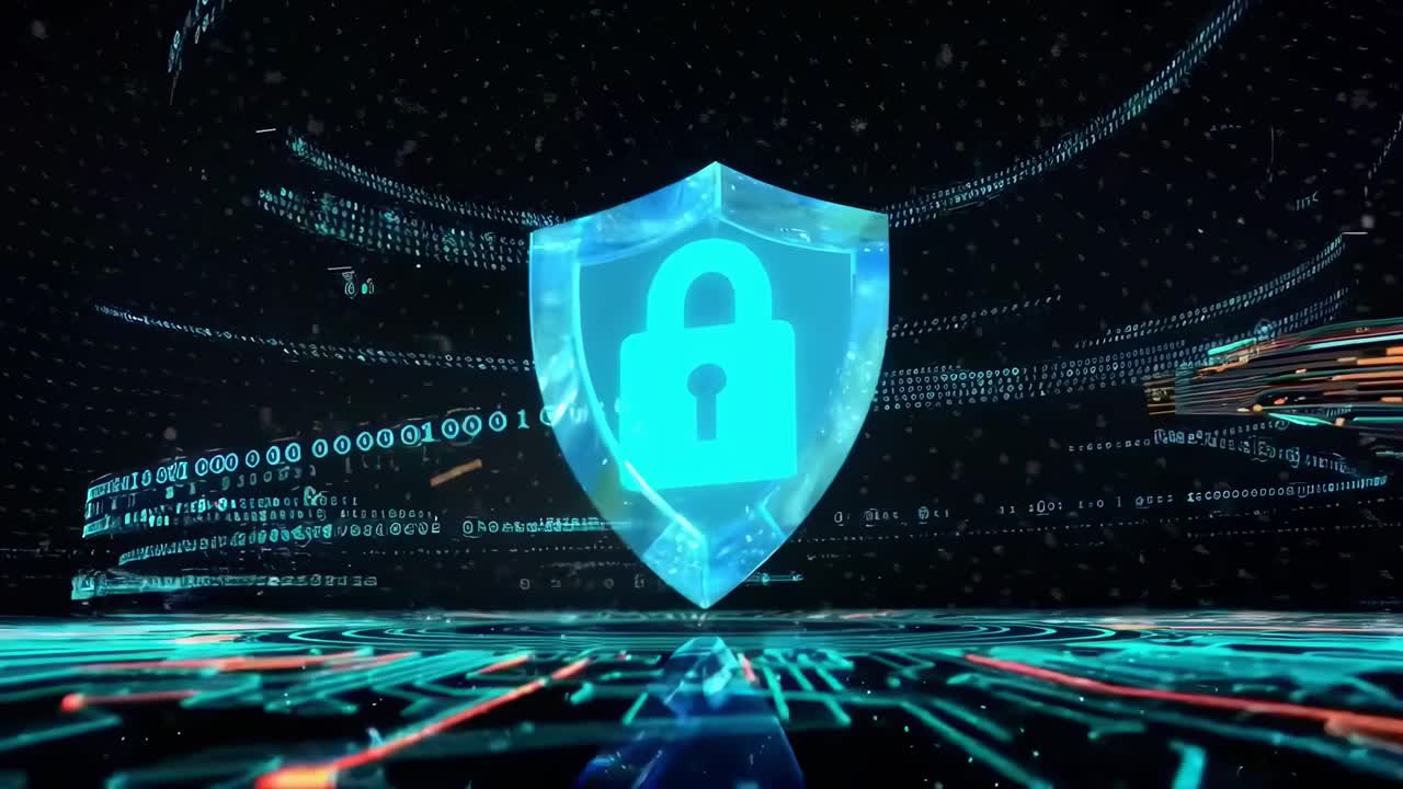 Futuristic video concept with a low-angle view of a digital shield and binary code