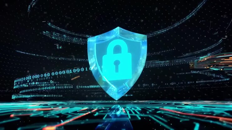 Futuristic video concept with a low-angle view of a digital shield and binary code