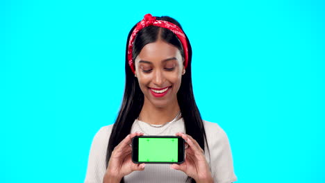 green screen, face and phone by gen z woman