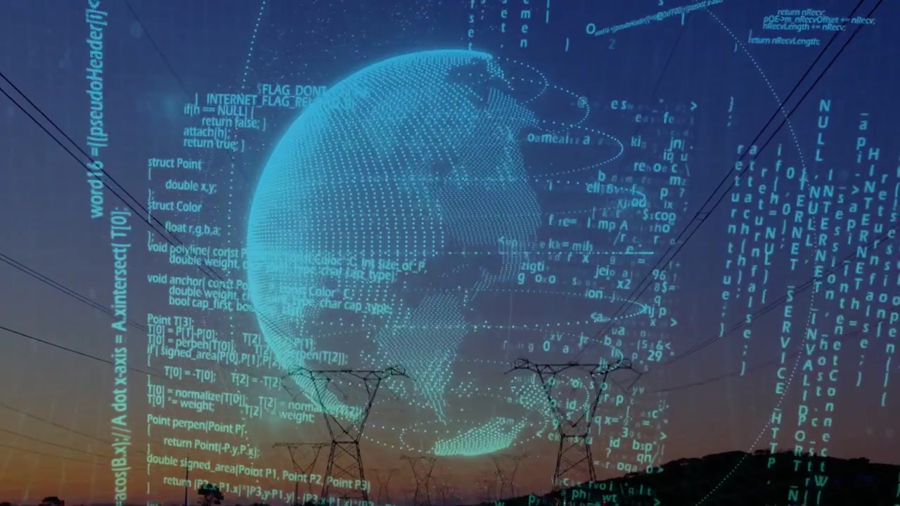 Cyan dotmatrix globe activating, rotating with orbiting rings and cascading code to map energy-flow
