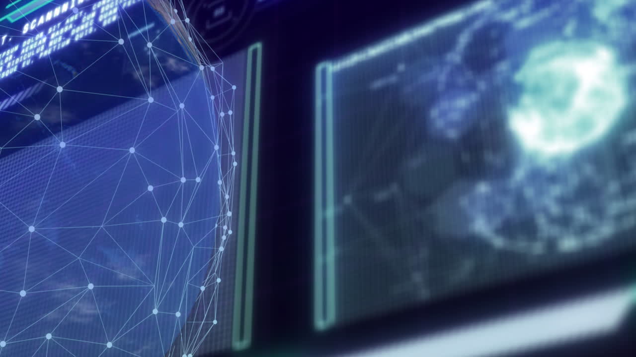 Animation of data processing over globe and screens on dark background