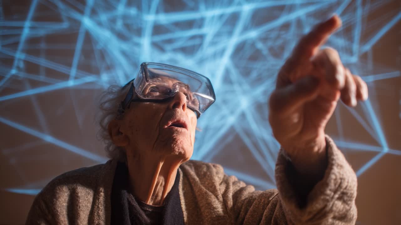 An Elderly Individual Engaged in an Immersive Experience with Virtual Reality Goggles, Exploring Digital Connections and Interacting with a Complex Network of Light Patterns in an Innovative Setting