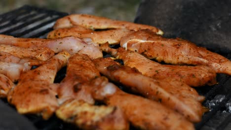 toma panorámica de tiras de pollo sazonadas cocinándose a la parrilla.