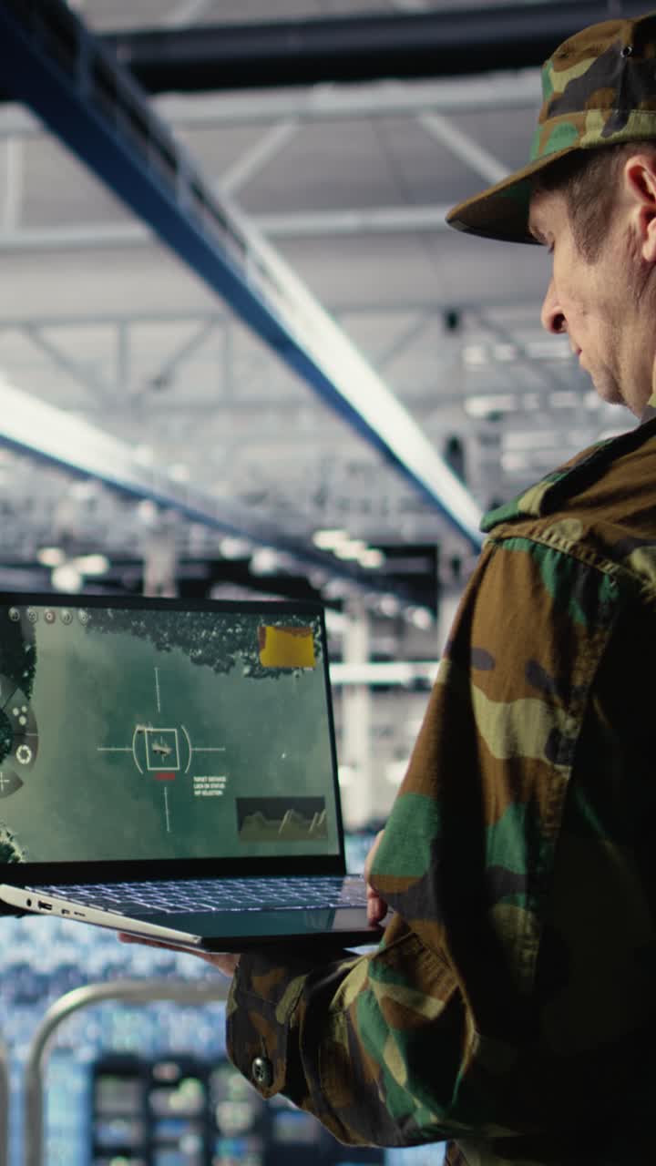 Vertical Video Military Data Center Specialist Using Radar Software On Laptop