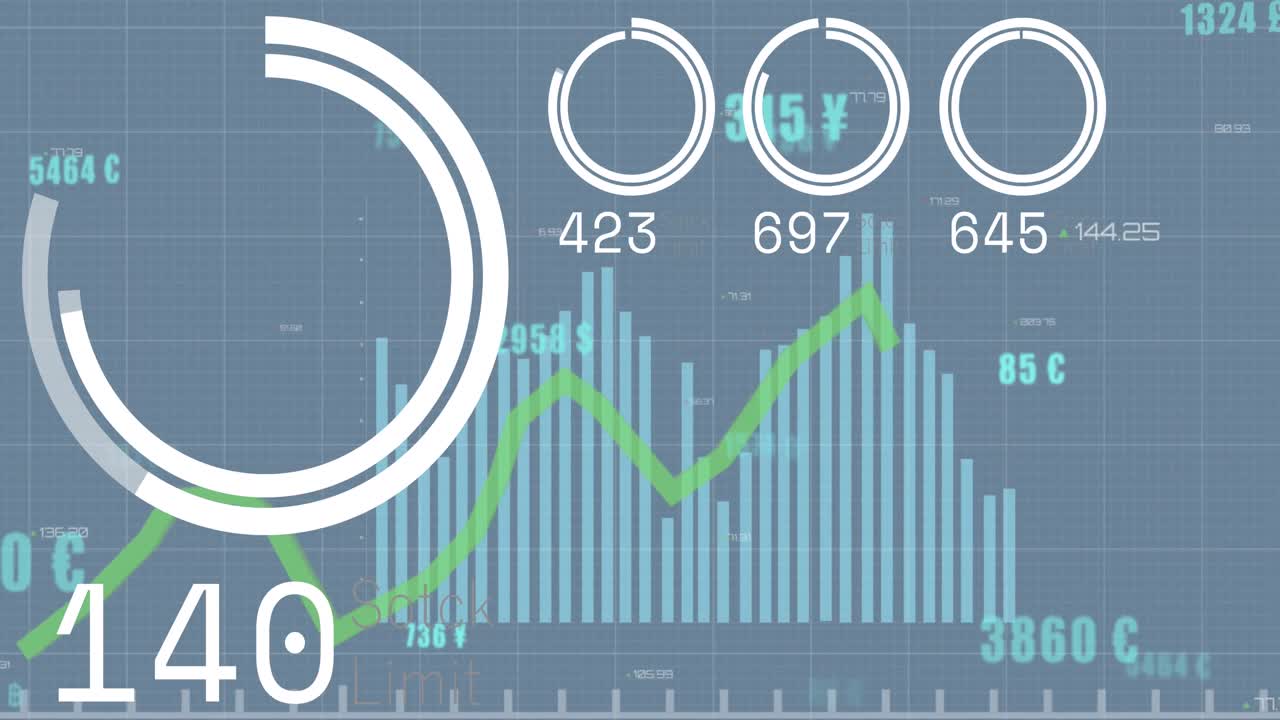 animación de números cambiantes con círculos de carga sobre gráficos contra fondo azul