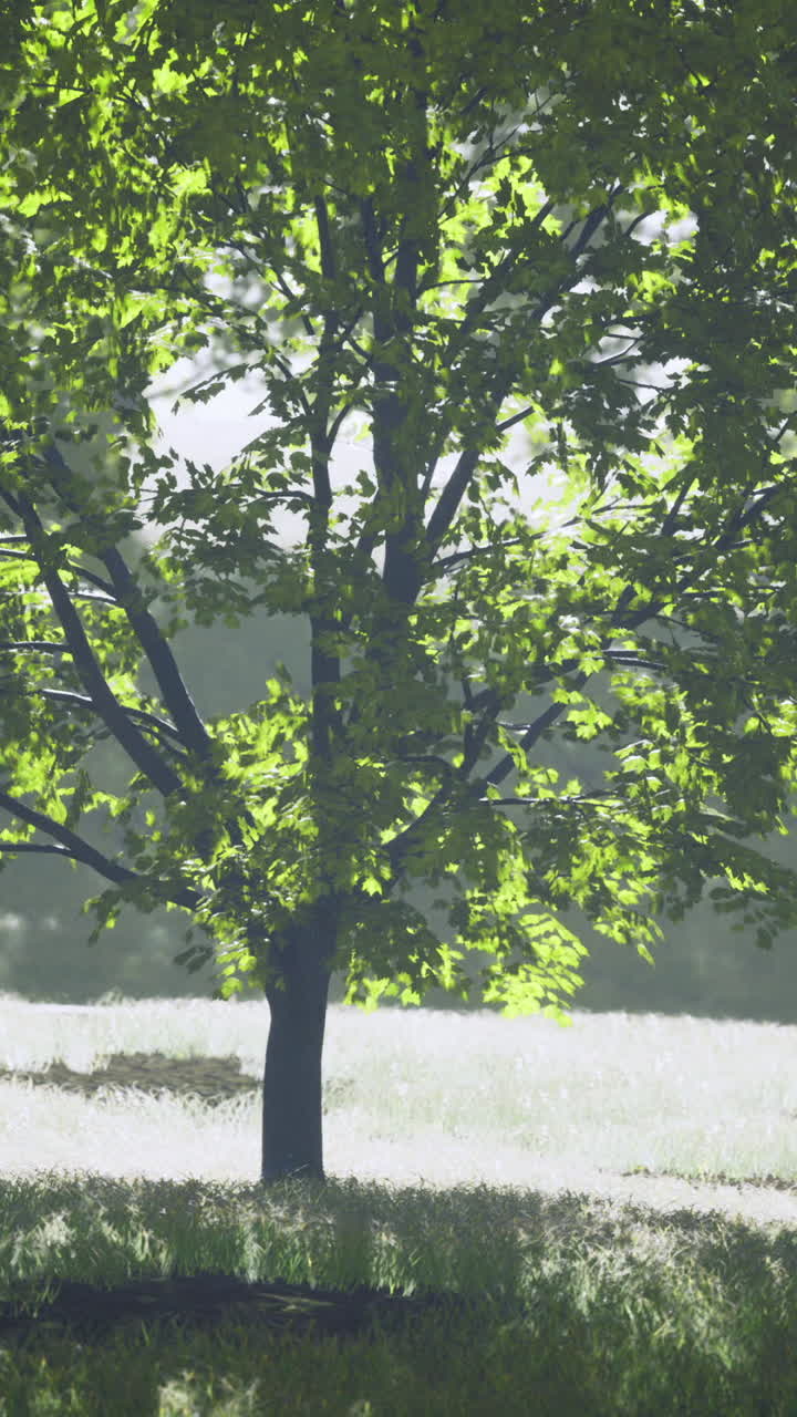 Lush green trees basking under soft sunlight in a serene meadow