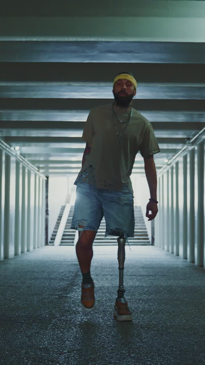 Man with Prosthetic Leg in an Underground Tunnel