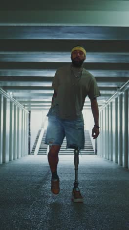 man with prosthetic leg in an underground tunnel