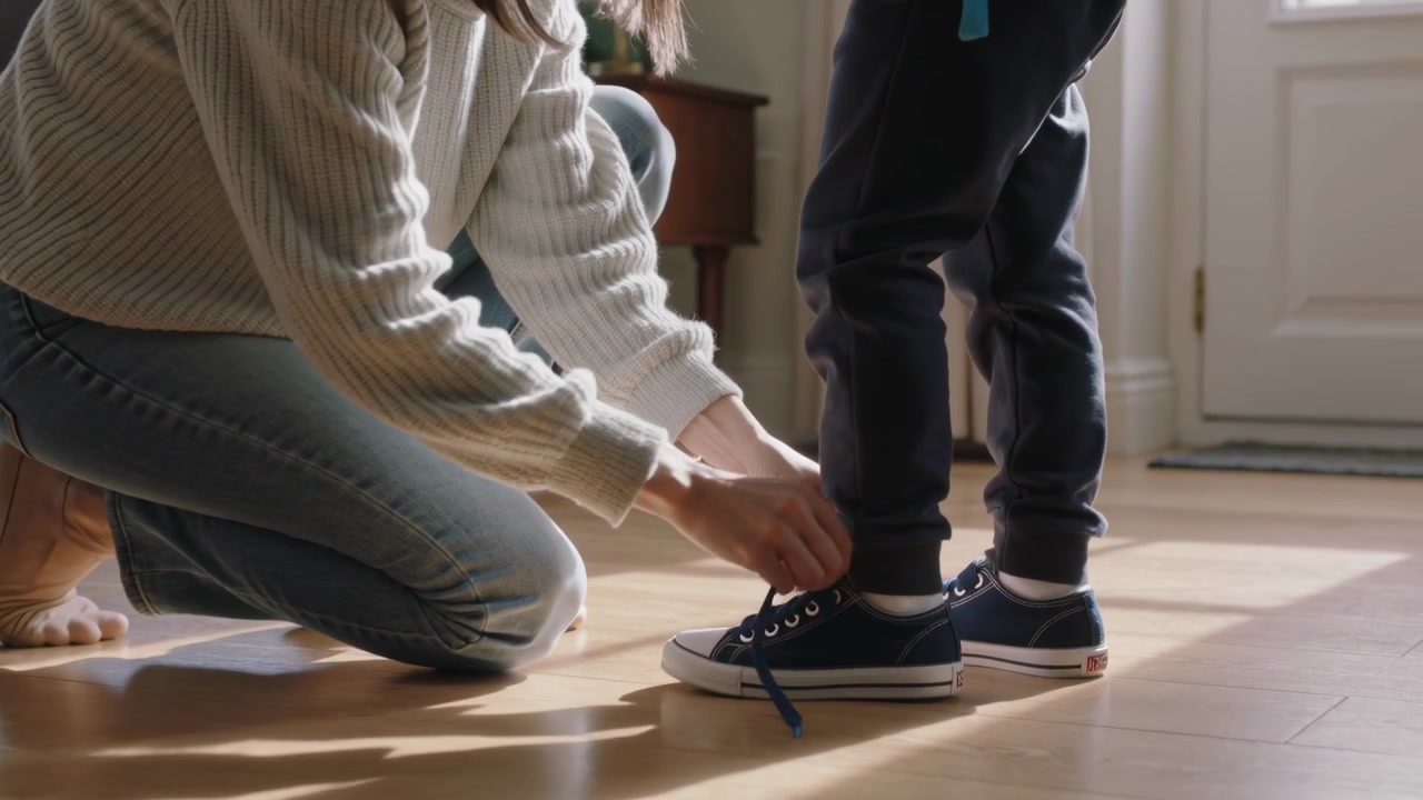 Tying loose shoelaces, mother in sweater and jeans kneeling in entry placing backpack for school