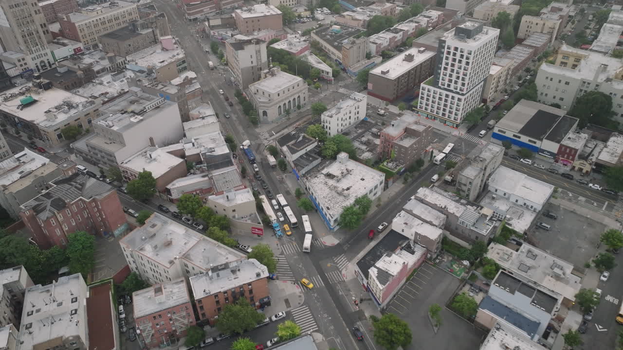 Aerial view of buildings in The Bronx. Shot on an overcast morning in New York City