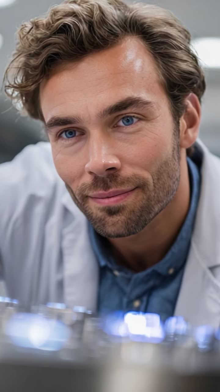 Focused Scientist Working in Laboratory with Beakers and Equipment, Displaying Concentration and Precision in a Clean, Innovative Research Environment