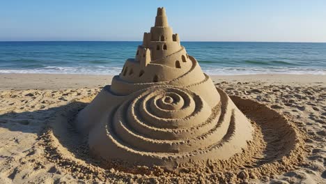 a stunning sandcastle on the beach: captivating spiral design rising majestically against a clear blue sky and serene ocean background