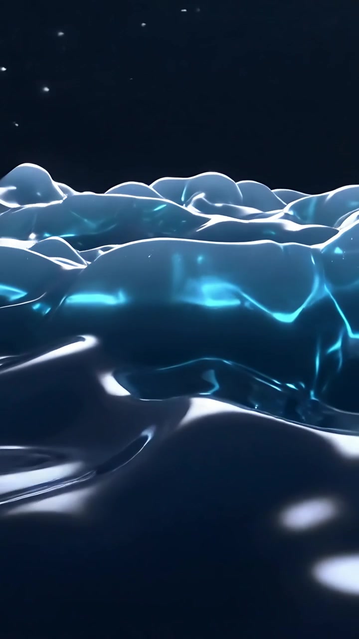 Video verticale: La telecamera si allontana per rivelare onde blu lucide che si susseguono in un vuoto scuro, con venature ciano che brillano.