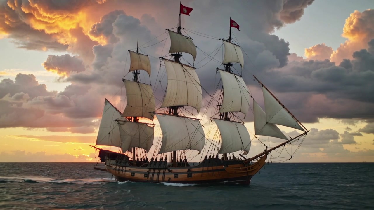 Sailing three-mast square-rig ship catching breeze, heading to sunset at sea, full sails, red flags