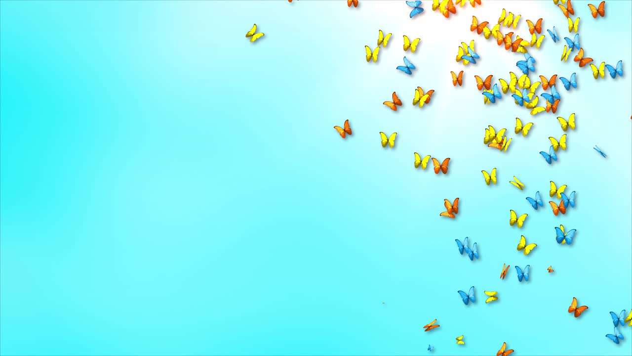 Sfondo astratto e bellissimo della natura estiva con farfalle colorate e cielo blu con nuvole bianche