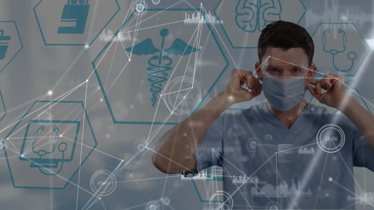 카우카시안 남성 의사에 대한 데이터 처리와 연결 네트워크의 애니메이션