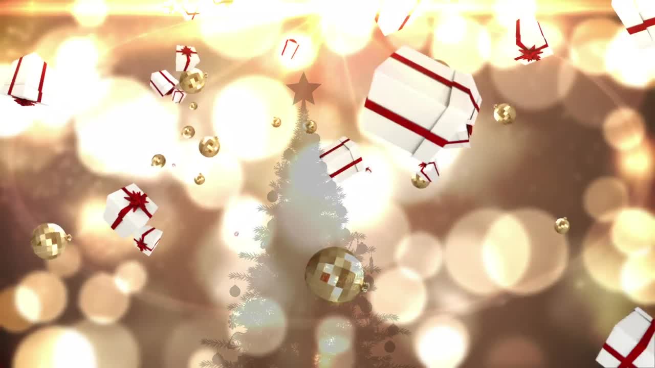 animación de regalos y baubles sobre puntos de luz y árbol de navidad.