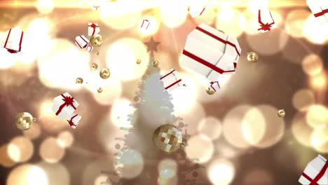 animation of presents and baubles over light spots and christmas tree