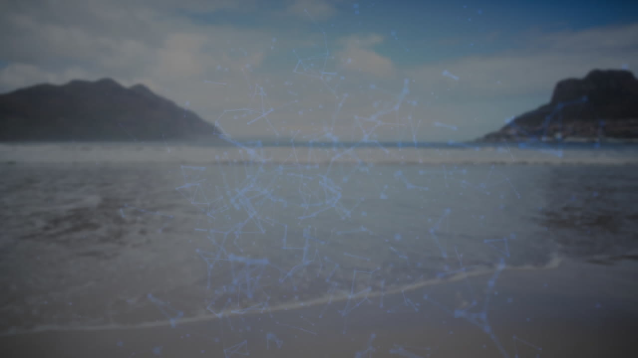 Blue network of connections animation over serene beach landscape with mountains