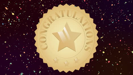 animation of congratulations text and star on gold medal, with falling confetti on black background