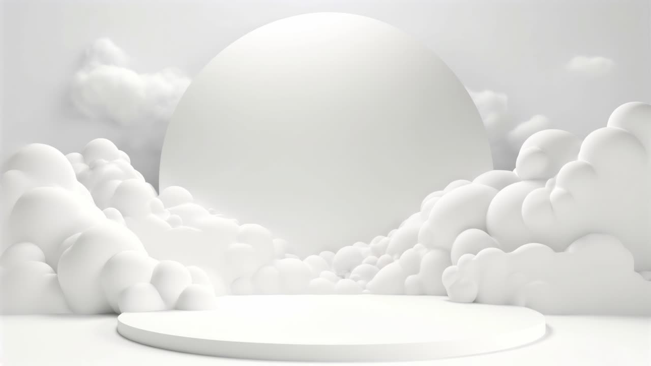 Minimalist 3D animation with soft, rounded clouds and a large sphere in a monochrome palette