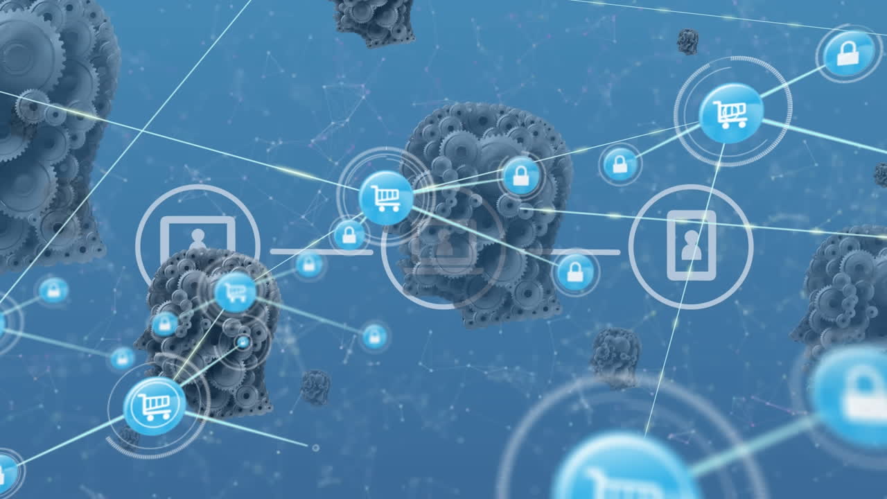 기계적 인 머리 위의 연결 네트워크의 애니메이션