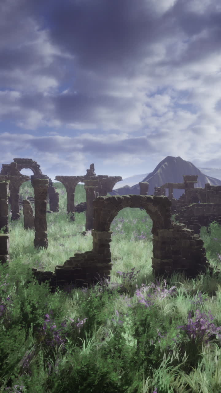 Ancient ruins surrounded by lush grass under a cloudy sky