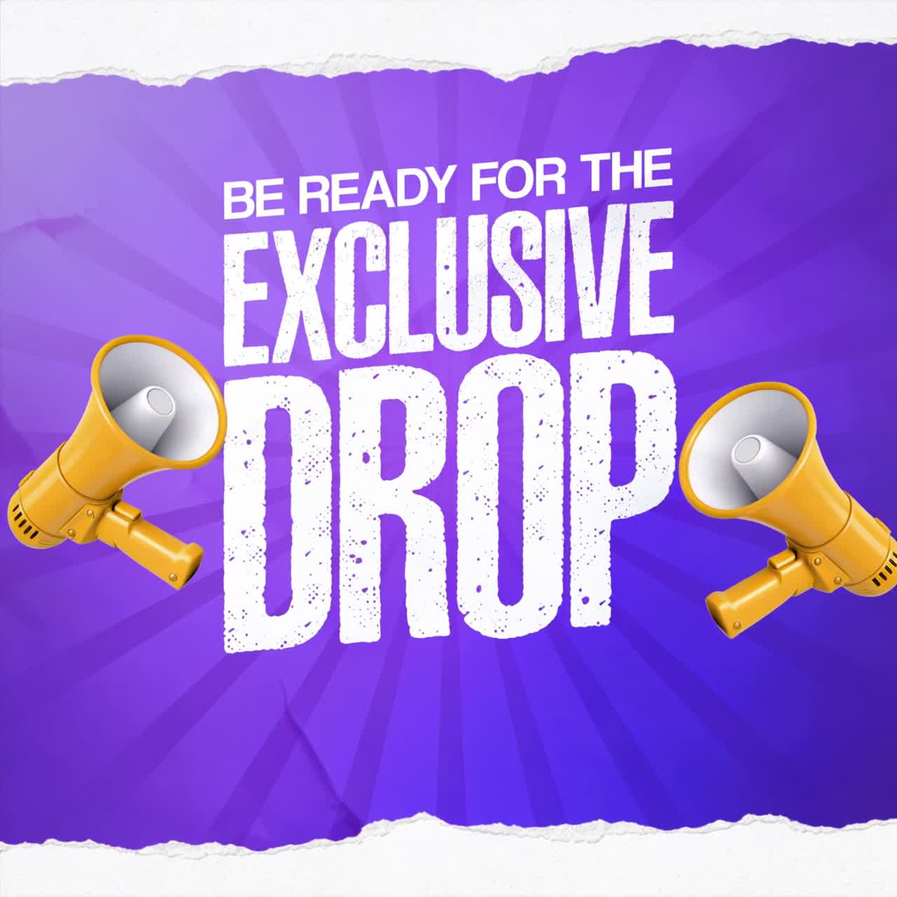 Exclusive Drop animation with megaphones and bold typography on purple background
