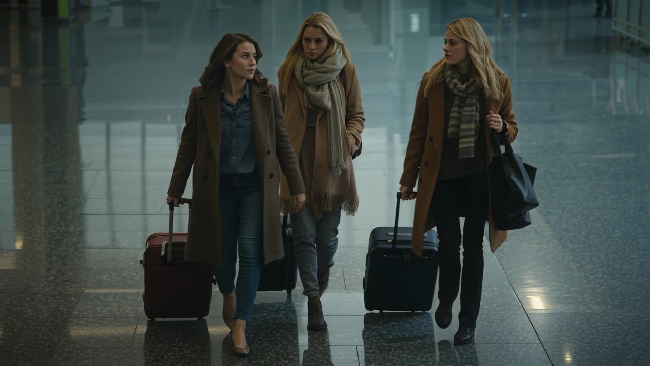 Walking trio in coats through airport to gate, pulling red black suitcases and carrying black tote