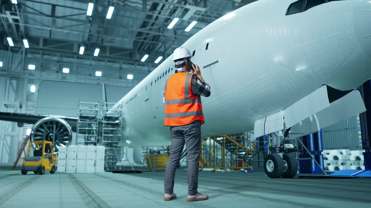 vista trasera completa del cuerpo de un ingeniero masculino asiático con casco de seguridad hablando en teléfono inteligente mientras está de pie con el avión en el hangar
