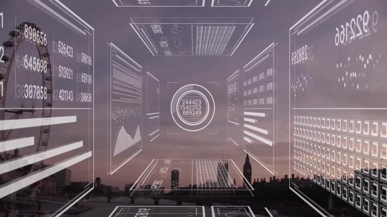 런던 시내 풍경 위의 데이터 처리 애니메이션