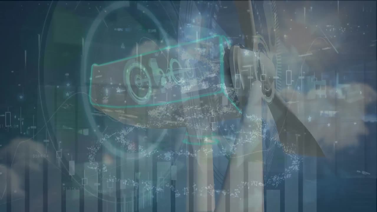 데이터 처리 및 풍력 터빈과 함께 구름이 있는 하늘 위의 스 스캔의 애니메이션