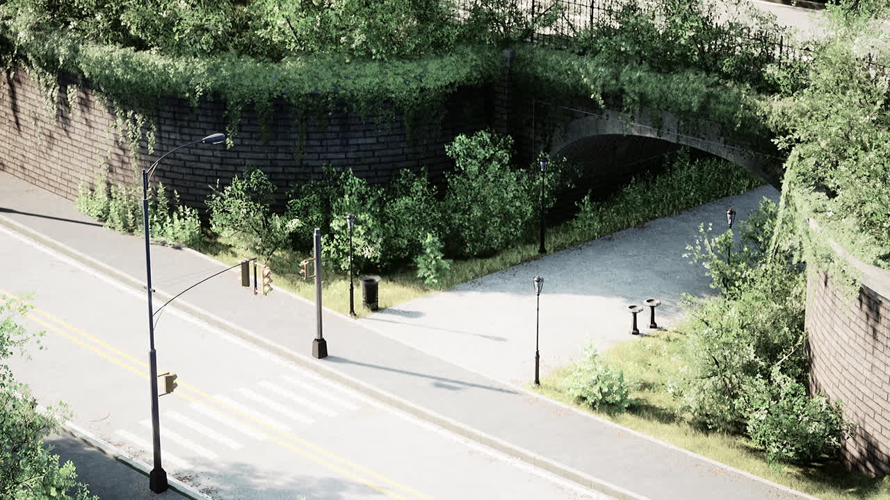 아스팔트 도로 와 공원 에 있는 푸른 나무 들