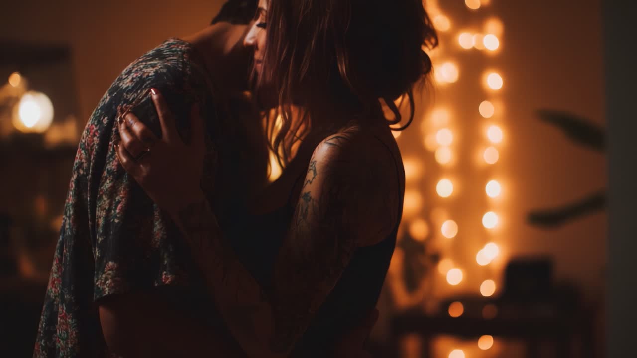 Un abbraccio intimo: due amanti condividono un tenero momento in una stanza accogliente, illuminata da luci soffuse e pervasa da un'atmosfera romantica, catturando l'essenza dell'amore e della connessione