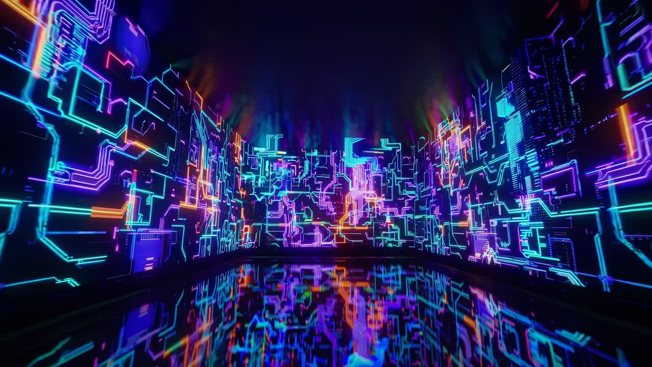 Futuristic video concept with neon circuit patterns on walls