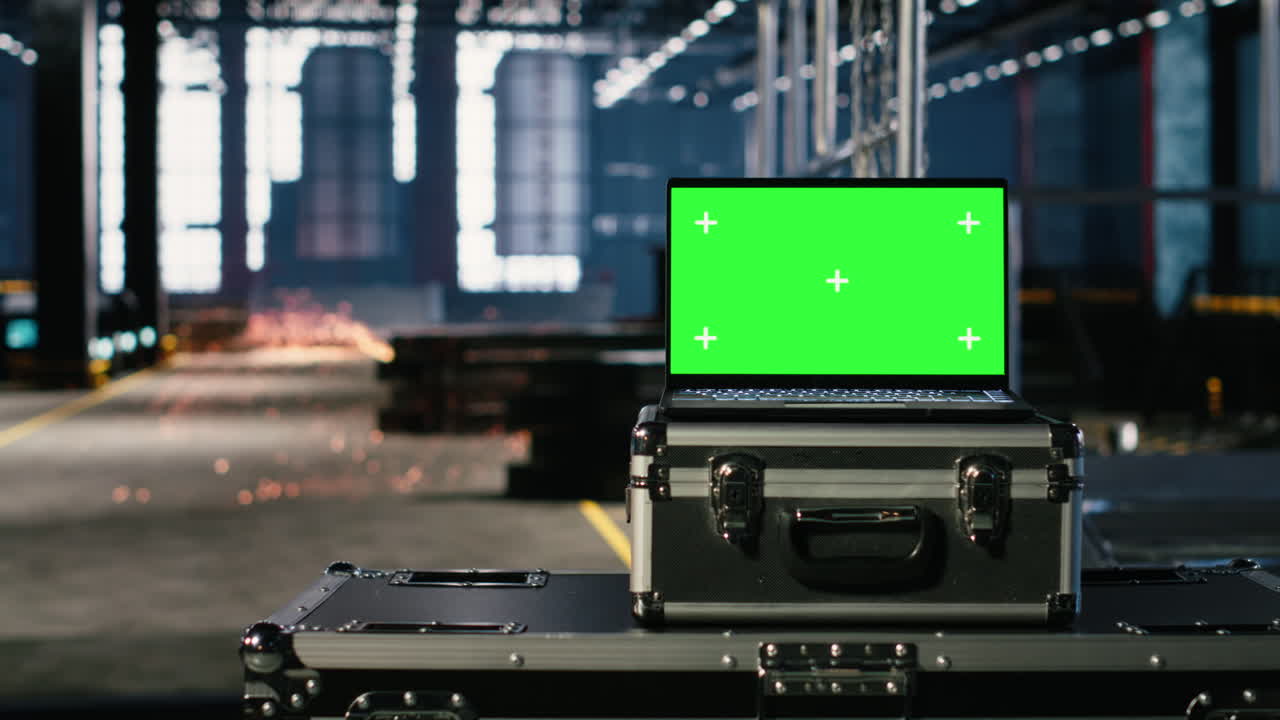 Green screen in empty industry hall with steel and mechanical equipment