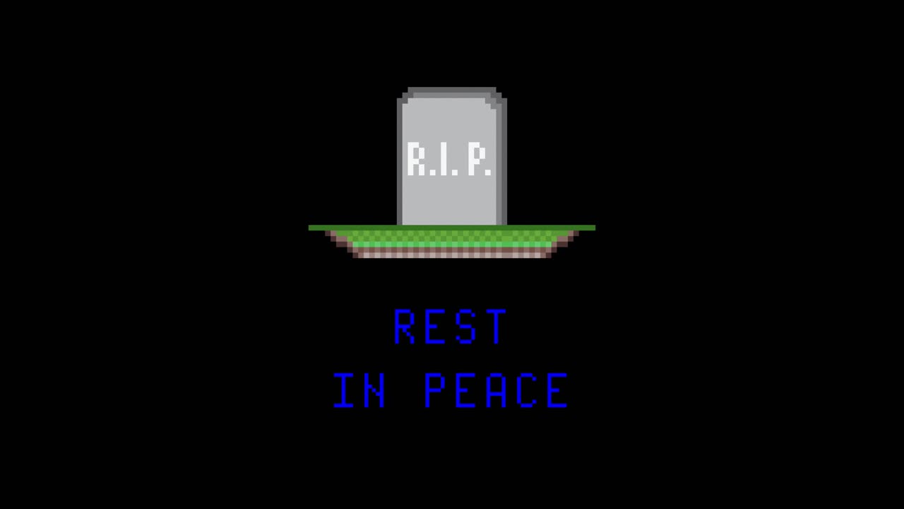 Funny pixel art animation: a tombstone falling from the sky onto a grave , with the text inscription Rest In Peace