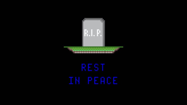 Divertente animazione in pixel art: una lapide che cade dal cielo su una tomba, con l'iscrizione "Riposa in pace".