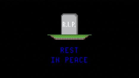 Funny-pixel-art-animation:-a-tombstone-falling-from-the-sky-onto-a-grave-,-with-the-text-inscription-Rest-In-Peace