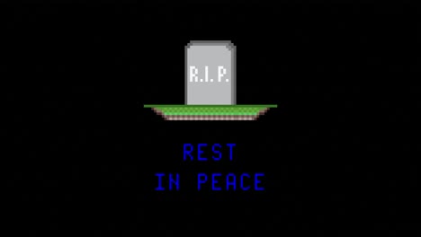 divertida animación de pixel art: una lápida cayendo del cielo sobre una tumba, con el texto inscripción descanse en paz