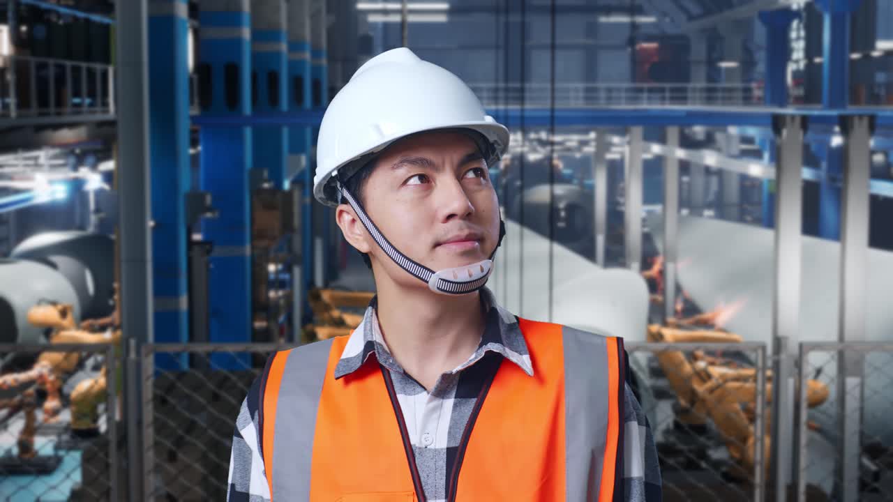 안전 헬을 입은 아시아 남성 엔지니어가 풍력 터빈 제조 공장에서 서서 주위를 둘러보고 확인합니다.