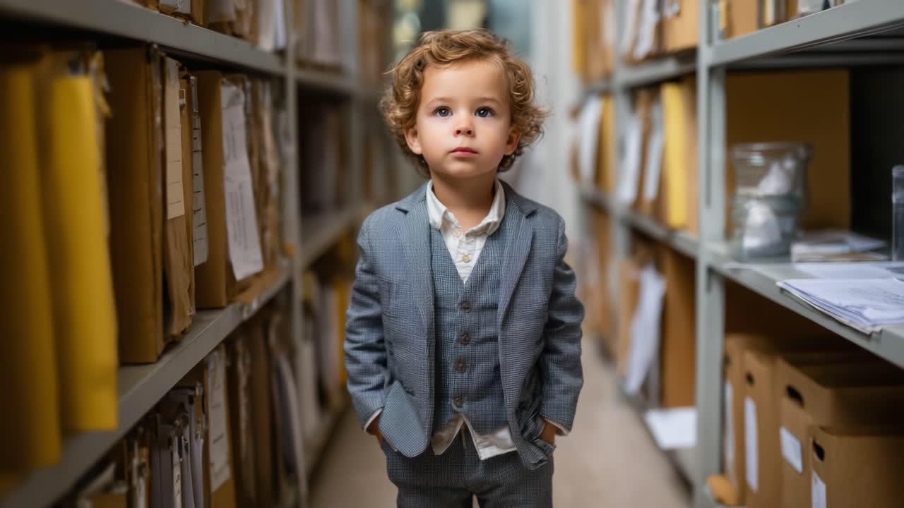 Een jong kind in een pak dat door een magazijn vol bestanden loopt, vastgelegd in twee frames die nieuwsgierigheid en onschuld te midden van documenten weergeven