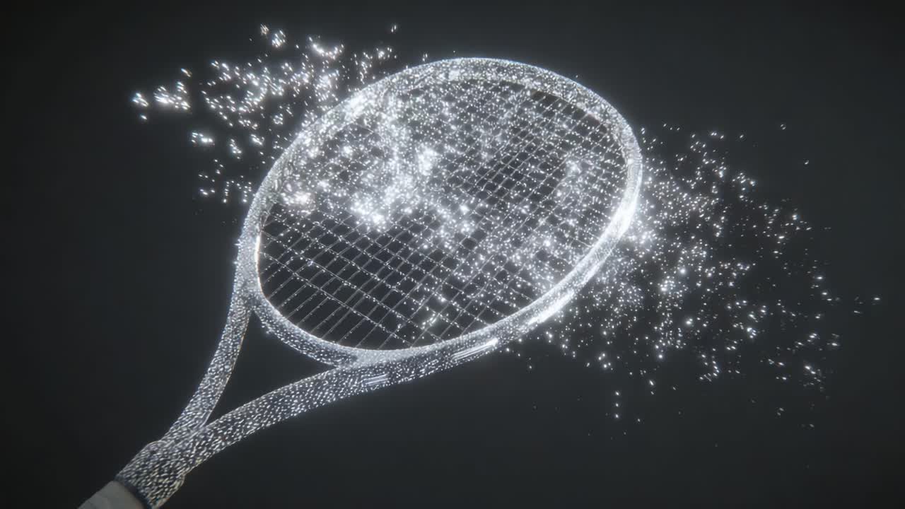 A mesmerizing tennis racket gliding through the air, sparkling with a dazzling light display, showcasing the art of sport and the beauty of motion in an ethereal atmosphere