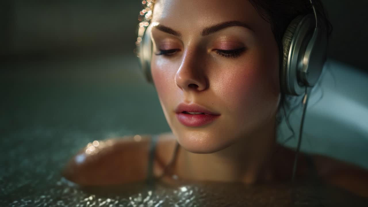 Un momento sereno catturato mentre una giovane donna si rilassa nell'acqua, godendosi i suoni rilassanti attraverso le sue cuffie, immersa nella tranquillità e nella calma.