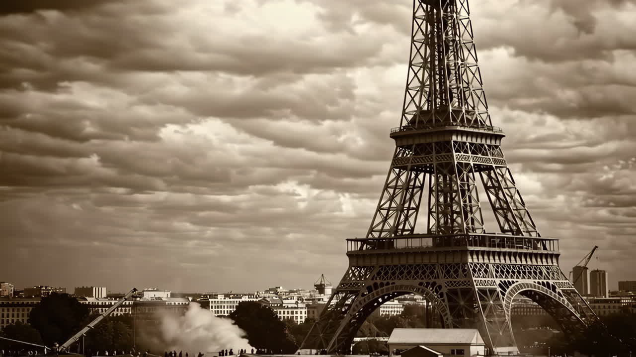 파리의 에펠탑은 구름이 가득한 하늘 아래
