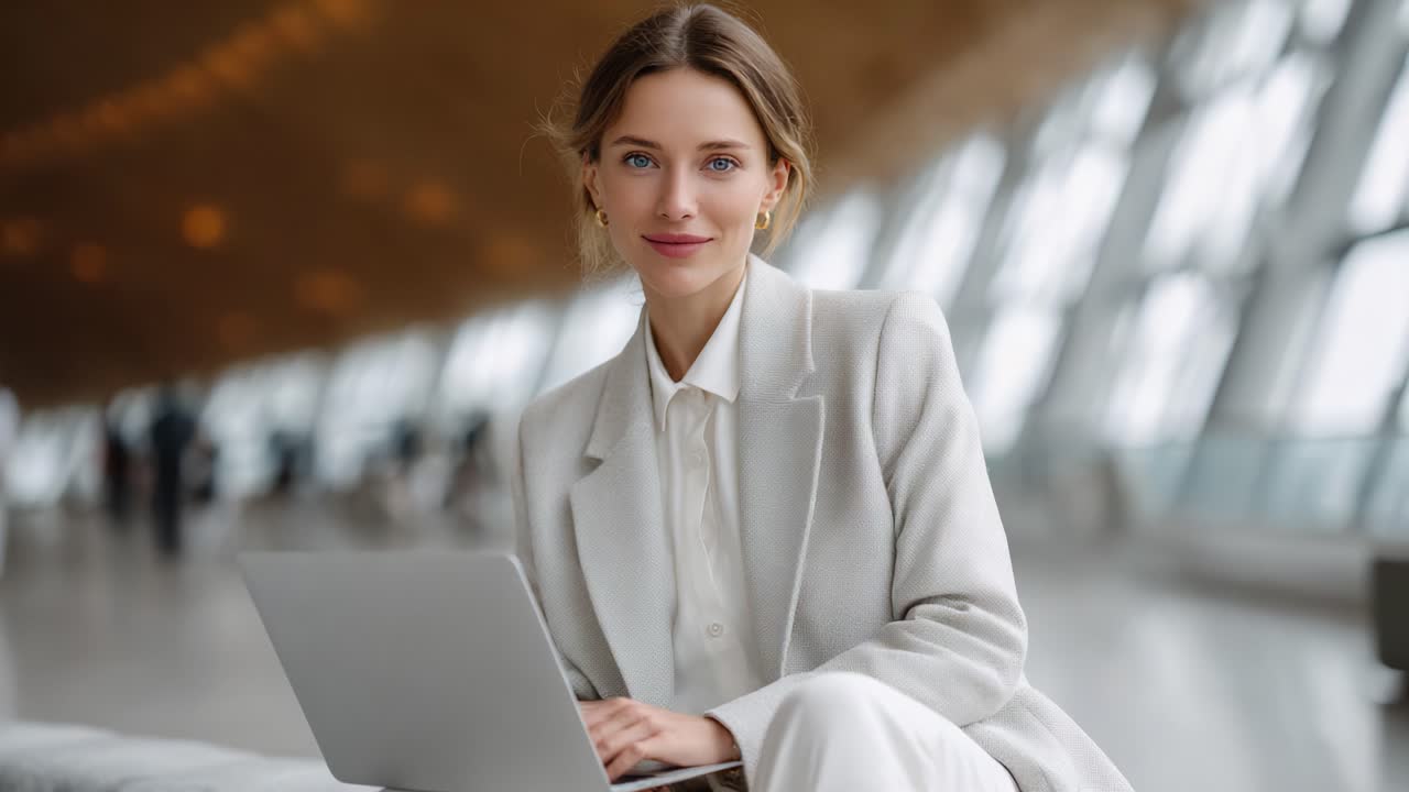 Giovane professionista in tailleur chiaro che sorride mentre lavora al laptop in uno spazio architettonico moderno con molta luce naturale