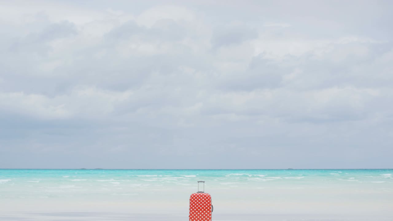 다채로운 가방과 함께 색 럭셔리 열대 해변